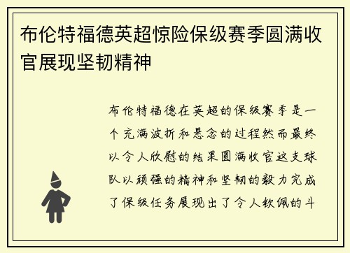 布伦特福德英超惊险保级赛季圆满收官展现坚韧精神