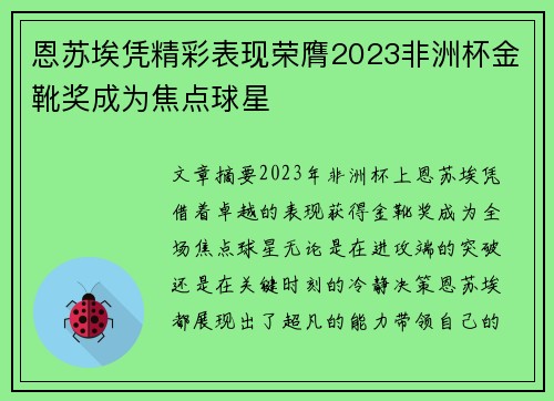 恩苏埃凭精彩表现荣膺2023非洲杯金靴奖成为焦点球星