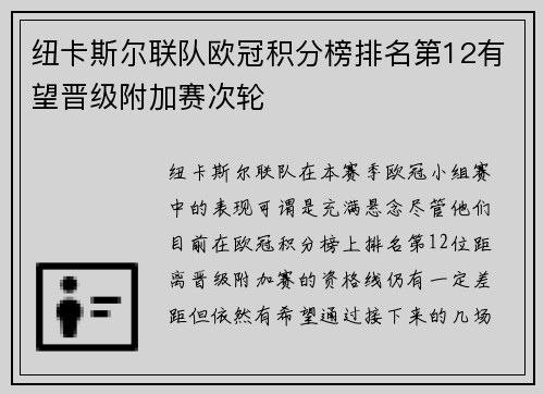 纽卡斯尔联队欧冠积分榜排名第12有望晋级附加赛次轮