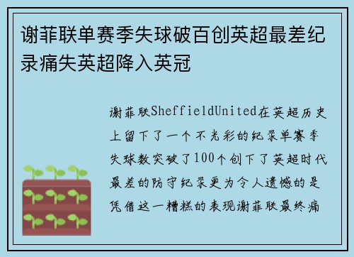 谢菲联单赛季失球破百创英超最差纪录痛失英超降入英冠